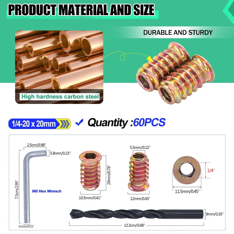 Twidec /60PCS 1/4"-20 Threaded Inserts for Wood Furniture Screw-in Nut Wood Inserts Bolt Assortment Kit with M6 Hex Wrench (1/4"-20 x20mm) N-059-1/4x20 - Image 2